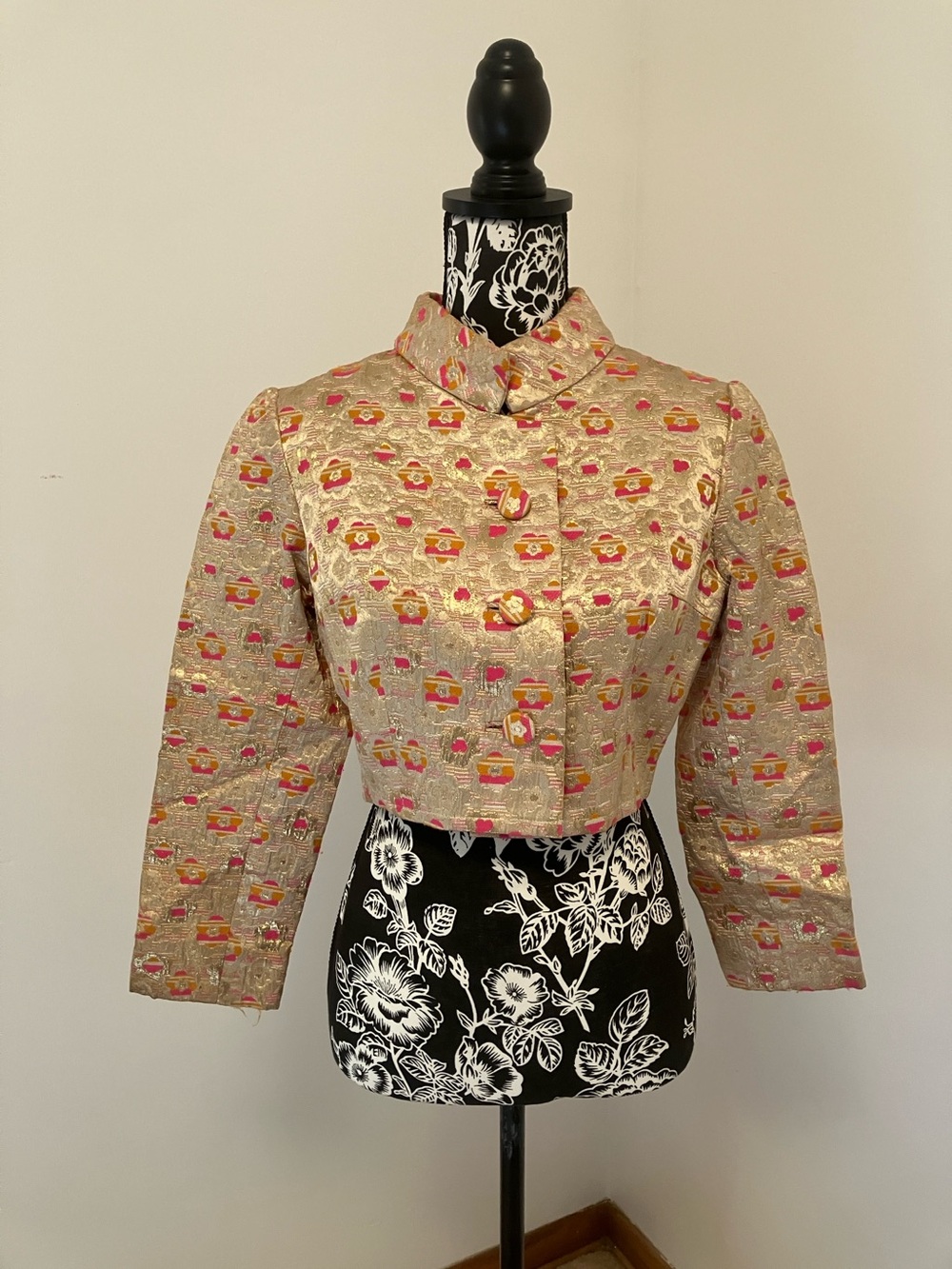 Vintage Gold Brocade Cropped Jacket with Pink Accents